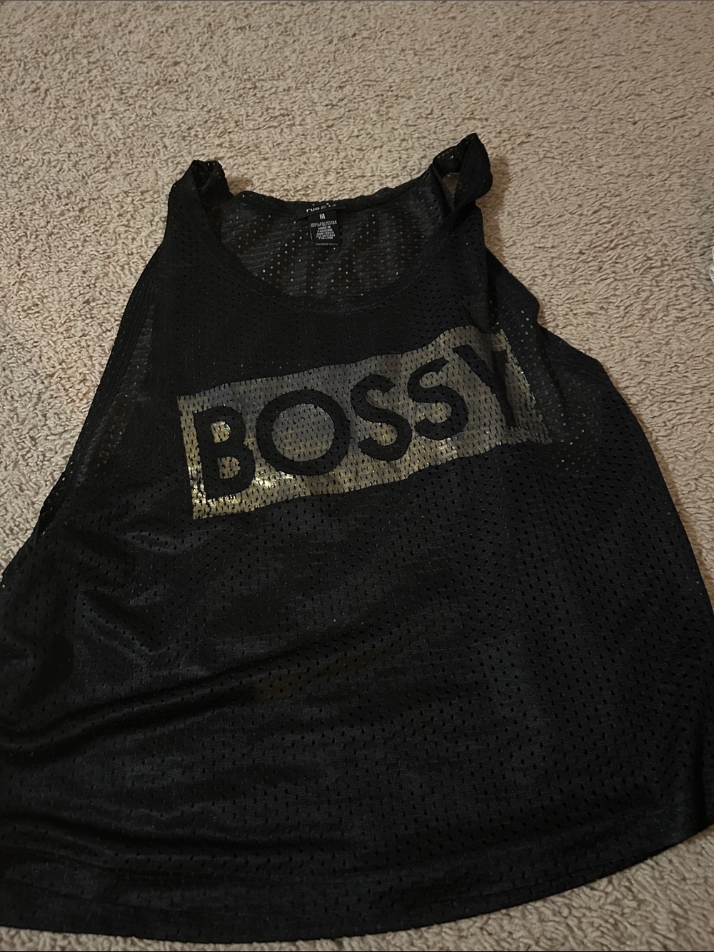 Rue21 Black Mesh Tank Top with Gold Foil 'BOSSY' Logo